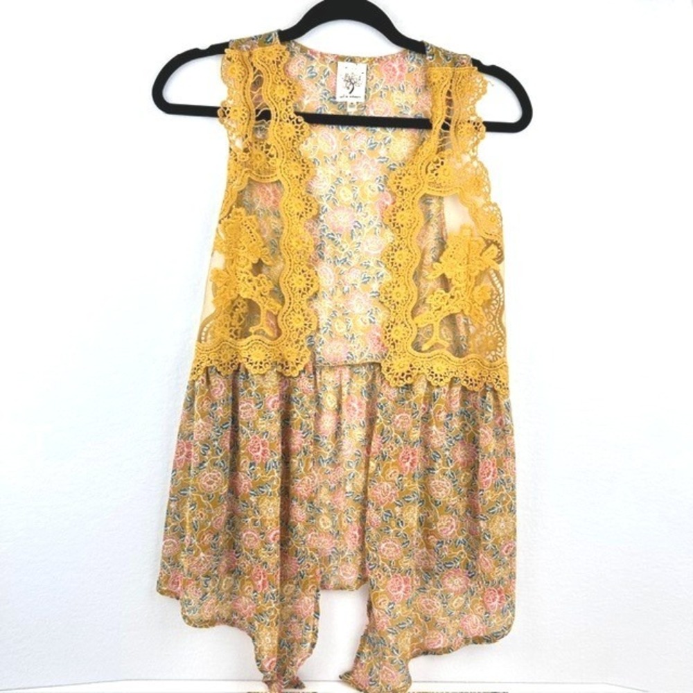 Self Esteem Floral Lace Crochet Vest Mustard Yellow Boho Sleeveless Cardigan M